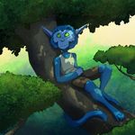  alien avsaroke blue_fur clothing fur green_eyes mammal monkey primate shorts solo tree 