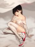  bed_sheet black_hair closed_mouth commentary crossed_ankles full_body geolim hair_over_one_eye long_hair nose off_shoulder original pink_eyes scar shoes sitting sneakers solo stitches thighhighs thighs white_legwear 
