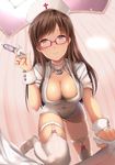  alternate_costume banned_artist bespectacled breasts brown_eyes brown_hair cleavage commentary_request fay_(fay_axl) garter_straps glasses hat idolmaster idolmaster_cinderella_girls large_breasts leaning_forward long_hair looking_at_viewer nitta_minami nurse nurse_cap parted_lips red-framed_eyewear semi-rimless_eyewear smile solo thighhighs under-rim_eyewear white_legwear 