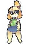  2017 animal_crossing anthro barefoot breasts canine clothing digital_media_(artwork) dog eyewear female fur glasses hairband hands_on_hip isabelle_(animal_crossing) itsunknownanon mammal nintendo pose simple_background skirt solo standing sweater tan_fur video_games white_background 