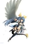  absurdres asymmetrical_wings bad_id bad_pixiv_id black_legwear black_panties blue_hair bow chamu_(chammkue) commentary_request dizzy guilty_gear guilty_gear_xrd highres long_hair panties red_eyes ribbon solo tail tail_bow tail_ribbon thighhighs twitter_username underwear wings 