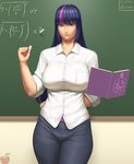  arm_behind_back artist_logo bangs blue_hair book breasts chalk chalkboard clenched_hand collared_shirt commentary cowboy_shot dress_shirt floating highres large_breasts levitation light_smile long_hair looking_at_viewer lvl_(sentrythe2310) math mature multicolored_hair my_little_pony my_little_pony_friendship_is_magic open_book pants personification purple_eyes purple_hair shirt sleeves_rolled_up solo streaked_hair taut_clothes taut_shirt teacher tsurime twilight_sparkle white_shirt 