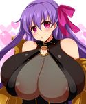  afuro areola_slip areolae bare_shoulders bodysuit breasts cleavage fate/extra fate/extra_ccc fate/grand_order fate_(series) gigantic_breasts long_hair looking_at_viewer o-ring o-ring_top parted_lips passion_lip pink_eyes purple_hair skindentation solo 
