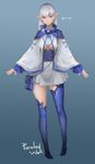  artist_name asymmetrical_legwear blue_eyes blue_hair breasts breasts_apart capelet full_body gradient gradient_background highres jewelry large_breasts long_hair necklace obi original pandea_work pigeon-toed pointy_ears pouch sash skirt standing thighhighs yin_yang 