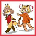  2girls artist_request blonde_hair borrowed_character brown_hair chinese_clothes fox fu-chan furry multiple_girls outfit_swap short_hair tiger tongue 