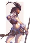  bare_shoulders breasts brown_hair clenched_teeth earrings facial_mark floating_hair holding holding_weapon jewelry large_breasts league_of_legends legs_apart long_hair looking_at_viewer midriff navel necklace nidalee outside_border parted_lips polearm ponytail solo standing teeth thieu_quang_duc tooth_necklace tribal weapon yellow_eyes 