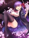  bb_(fate)_(all) bb_(fate/extra_ccc) black_legwear breasts fate/extra fate/extra_ccc fate_(series) floating gloves hair_ribbon high_heels highres holding holding_wand large_breasts levitation long_hair omoti_(1201208) open_mouth purple_eyes purple_hair ribbon smile solo thighhighs very_long_hair wand white_gloves 