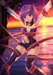  armpits bare_shoulders blush breasts detached_sleeves fate/grand_order fate_(series) flat_chest helena_blavatsky_(fate/grand_order) highres kazenokaze looking_at_viewer navel ocean open_mouth purple_eyes purple_hair short_hair small_breasts solo strapless tentacles thighhighs torn_clothes tree_of_life twilight white_sleeves 