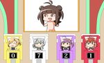  ahoge arashi_(kantai_collection) black_vest blonde_hair bow bowtie brown_eyes brown_hair character_name chibi closed_eyes commentary_request hagikaze_(kantai_collection) idolmaster kamelie kantai_collection long_hair maikaze_(kantai_collection) multiple_girls naka_(kantai_collection) necktie nonowa nowaki_(kantai_collection) open_mouth ponytail purple_eyes purple_hair school_uniform short_hair short_sleeves silver_eyes silver_hair sitting skirt smile vest 