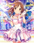  alternate_costume artist_request bangs bare_shoulders blush breasts brown_eyes brown_hair cinderella_dream cleavage frills gloves hair_ornament idolmaster idolmaster_cinderella_girls jewelry large_breasts looking_at_viewer microphone necklace official_art smile solo star tiara totoki_airi twintails 