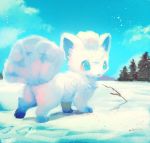  alolan_vulpix blue_eyes blue_sky cloud commentary_request creatures_(company) day fluffy footprints from_behind game_freak gen_1_pokemon looking_at_viewer looking_back manino_(mofuritaionaka) nintendo no_humans outdoors pokemon signature sky snow solo tree vulpix 