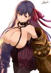  absurdres blush breasts claws cleavage fate/extra fate/extra_ccc fate_(series) hair_ribbon highres huge_breasts long_hair looking_at_viewer open_mouth pantyhose passion_lip purple_eyes purple_hair red_eyes ribbon signature skindentation solo very_long_hair white_background yatsuka_(846) 
