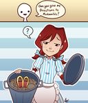  :3 ? apron artist_name bangs bow comic english freckles hair_bow highres lui421 mcdonald's open_mouth outline red_hair smirk solo speech_bubble spoken_question_mark striped trash_can wendy's wendy_(wendy's) white_outline 