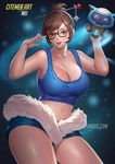  adapted_costume breasts brown_hair character_name citemer cleavage fur_trim glasses hair_bun hair_ornament hair_stick huge_breasts looking_at_viewer mei_(overwatch) midriff navel overwatch solo 