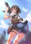  ass ayyh brown_hair cloud day glasses goggles gun handgun highres holster looking_back original outdoors pistol red-framed_eyewear red_eyes rifle shooting_range shorts sig_sauer sig_sauer_mpx sky solo submachine_gun thigh_holster thigh_strap utility_vest vest wall weapon 