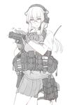  ayyh eyebrows_visible_through_hair glasses glock gloves greyscale gun handgun headset highres holster monochrome original pistol pleated_skirt racking_slide reloading school_uniform serious skirt solo thigh_holster thigh_strap utility_vest vest watch weapon wristwatch 