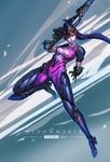  armor armored_boots artist_request bodysuit boots breasts character_name cleavage closed_mouth email_address gloves gun head_mounted_display highres knee_boots long_hair looking_at_viewer medium_breasts overwatch pink_bodysuit purple_hair rifle skin_tight sniper_rifle solo watermark weapon web_address widowmaker_(overwatch) 