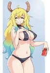  2017 animal_humanoid beverage big_breasts bikini breasts clothed clothing digital_media_(artwork) female hair happy horn humanoid long_hair miss_kobayashi&#039;s_dragon_maid monster_girl_(genre) quetzalcoatl quetzalcoatl_(dragon_maid) sa-ryong skimpy smile solo swimsuit thick_thighs 