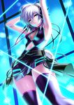  anastasia_(idolmaster) armpits arms_up blue_eyes breasts cleavage headphones highres idolmaster idolmaster_cinderella_girls idolmaster_cinderella_girls_starlight_stage medium_breasts navel nothing_but_you parted_lips short_hair silver_hair solo thighhighs zen 