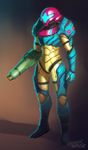  absurdres alternate_costume arm_cannon commentary dave_lopez full_body fusion_suit helmet highres metroid metroid_fusion power_armor redesign samus_aran solo weapon 