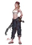  bandana blonde_hair breasts brown_gloves cleavage clothes_around_waist dirty full_body fullmetal_alchemist gloves holding in-hyuk_lee long_hair medium_breasts midriff navel pants pants_rolled_up realistic sandals shirt_around_waist solo standing strapless tubetop winry_rockbell wrench 