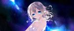  1girl backlighting bare_arms bare_shoulders blue_eyes blush breasts cleavage collarbone commentary_request floating_hair head_tilt highres long_hair looking_at_viewer medium_breasts night night_sky original parted_lips remimim silver_hair sky solo spaghetti_strap star_(sky) starry_sky upper_body 