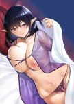  1girl babydoll bangs bed_sheet black_hair blush breasts closed_mouth collarbone crotchless_panties highres hips large_breasts lingerie long_hair looking_at_viewer navel on_bed original panties pillow pointy_ears puffy_nipples purple_panties red_eyes see-through smile solo sweat thighs tomohiro_kai underwear 