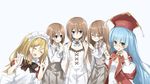  blanc blancpig_yryr blonde_hair blue_eyes blue_hair brown_hair choujigen_game_neptune closed_eyes financier green_eyes hat image_sample multiple_girls neptune_(series) nishizawa_mina ram_(choujigen_game_neptune) rom_(choujigen_game_neptune) siblings sisters smile twins twitter_sample 