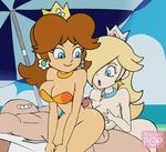  1boy 2girls animated_gif ass blonde_hair bottomless brown_hair buttjob daisy looking_back minus8 multiple_girls nintendo paizuri penis princess_daisy princess_rosalina rosalina rubbing 