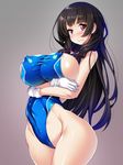 black_hair blue_swimsuit blush breasts competition_swimsuit covered_nipples cowboy_shot gloves grey_background groin hair_ribbon highleg highleg_swimsuit highres isokaze_(kantai_collection) kantai_collection large_breasts long_hair looking_at_viewer medium_breasts one-piece_swimsuit red_eyes ribbon simple_background smile solo swimsuit torisan tress_ribbon white_gloves 