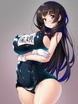  black_hair blush breasts covered_nipples gloves gradient gradient_background highres isokaze_(kantai_collection) kantai_collection large_breasts long_hair looking_at_viewer red_eyes school_swimsuit sideboob solo standing swimsuit torisan white_gloves 