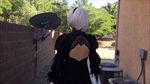  1girl animated animated_gif ass back blind cosplay embarrassed leotard nier nier_automata outdoors outside panties photo public short_hair stockings straight_hair thong under under_skirt upskirt white_hair white_panties yorha_no._2_type_b 
