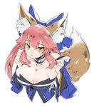  animal_ears bell bell_collar breasts cleavage collar detached_sleeves fate/extra fate/extra_ccc fate/grand_order fate_(series) fox_ears fox_tail hair_ribbon hikizan japanese_clothes large_breasts pink_hair ribbon simple_background solo tail tamamo_(fate)_(all) tamamo_no_mae_(fate) upper_body white_background yellow_eyes 
