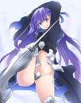  :d armor armored_boots bangs black_coat blue_eyes blue_ribbon boots crotch_plate eyebrows_visible_through_hair fate/extra fate/extra_ccc fate_(series) floating_hair hair_ribbon long_coat long_hair looking_at_viewer meltlilith navel open_mouth purple_hair revealing_clothes ribbon smile solo spikes thighs v-shaped_eyebrows very_long_hair yuki_maccha_(yukimattya10) 