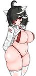  ahoge alternate_costume arms_behind_back belly beltbra black_hair blush breasts curvy hair_over_one_eye head_tilt highres hips horns jacket kijin_seija large_breasts looking_at_viewer multicolored_hair navel plump red_eyes red_hair short_hair shy solo streaked_hair thick_thighs thighhighs thighs touhou tsurime walter_wolf0907 white_hair white_legwear 
