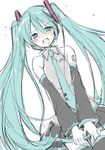  aqua_eyes aqua_hair arm_tattoo blue_eyes blush boots covering covering_crotch detached_sleeves embarrassed flying_sweatdrops hatsune_miku headset long_hair necktie open_mouth sketch skirt skirt_tug sleeveless solo sudachi_(calendar) tattoo thigh_boots thighhighs twintails very_long_hair vocaloid wavy_mouth zettai_ryouiki 