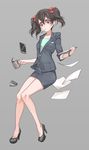  absurdres bare_legs black_hair bow cellphone coffee coffee_mug commentary_request cup formal full_body grey_background hair_bow high_heels highres love_live! love_live!_school_idol_project miniskirt mouth_hold mug no_socks notepad office_lady papers pen pencil_skirt phone red_bow red_eyes simple_background skirt skirt_suit smartphone solo suit twintails yazawa_nico yohan1754 