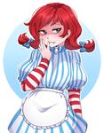  apron bangs blue_eyes blush bow freckles hair_bow highres iwbitu-sa outline red_hair sidelocks smug solo striped wendy's wendy_(wendy's) white_outline 