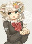  animal_ears ball bangs bow bowtie breasts cardigan collared_shirt eyebrows_visible_through_hair green_eyes grey_hair hair_ornament hands_up holding holding_ball horns kawaku large_breasts looking_at_viewer open_mouth original red_bow red_neckwear sheep sheep_ears sheep_girl sheep_horns shirt silver_hair sleeves_past_wrists smile solo striped striped_bow striped_neckwear swept_bangs upper_body wavy_hair white_shirt yarn yarn_ball 