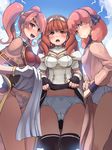  armor blush boris_(noborhys) bow bow_panties breastplate breasts brown_eyes cameltoe cape celica_(fire_emblem) cleavage commentary_request d: day dress dress_lift earrings fingerless_gloves fire_emblem fire_emblem_echoes:_mou_hitori_no_eiyuuou gloves hairband highres jenny_(fire_emblem) jewelry long_hair long_sleeves mae_(fire_emblem) medium_breasts multiple_girls open_mouth panties pelvic_curtain pink_hair pink_panties red_eyes red_hair short_sleeves skirt skirt_lift sky smile strapless take_your_pick thighhighs tiara twintails underwear v-shaped_eyebrows white_panties 