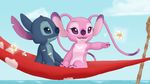  2011 alien angel_(lilo_and_stitch) antennae arm_out blue_eyes blue_fur blue_nose chest_tuft claws cute day digital_media_(artwork) disney experiment_(species) eyelashes flower fur hammock hand_holding head_tuft hi_res horizon kahimi-chan lilo_and_stitch philtrum pink_fur plant purple_claws purple_eyes sitting sky smile stitch tiki_torch tuft 