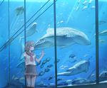  absurdres aquarium blue blue_eyes fish grey_hair grey_skirt hand_on_glass highres looking_away love_live! love_live!_sunshine!! neckerchief red_neckwear school_uniform sea_turtle serafuku shark short_hair skirt smile thighs turtle uranohoshi_school_uniform watanabe_you water whale_shark yohan1754 