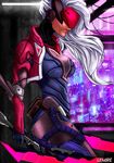  alternate_costume cropped_jacket cyborg dual_wielding highres holding katarina_du_couteau league_of_legends lips long_hair nate_lemire project:_katarina silver_hair solo sword visor weapon 