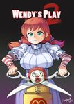  braid breasts child's_play dress freckles green_eyes grin highres jack_in_the_box_(toy) large_breasts mcdonald's parody red_hair ronald_mcdonald scissors shepherd0821 smile solo striped striped_dress striped_sleeves twin_braids twintails vertical_stripes wendy's wendy_(wendy's) yandere 