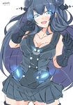  2017 alternate_skin_color black_hair blue_eyes blush breasts cleavage commentary_request dated double_bun dress eyebrows eyebrows_visible_through_hair eyes_visible_through_hair gauntlets glowing glowing_eyes hair_between_eyes hair_ornament highres kantai_collection light_cruiser_oni long_hair medium_breasts miniskirt multicolored_hair open_mouth oputon pleated_skirt sailor_collar sailor_dress shinkaisei-kan skirt smile solo thighhighs twitter_username zettai_ryouiki 