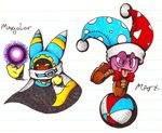  ^_^ ambiguous_gender ball beach_ball boots bow_tie brown_body choker cloak clothing duo eyes_closed floating_hands footwear half-closed_eyes jester_hat kassiopeia_kitten kirby_(series) magic magic_user magolor marx nintendo purple_body purple_eyes smile video_games waddling_head yellow_eyes 