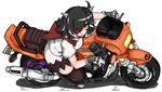  &gt;:( ahoge black_hair blush breasts brown_legwear commentary_request directional_arrow dress fang fang_out fat_folds frown gloves ground_vehicle hair_over_one_eye highres honda honda_cb400 honda_cb400sf horns kijin_seija looking_at_viewer medium_breasts motor_vehicle motorcycle multicolored_hair on_motorcycle plump red_hair riding short_hair solo streaked_hair thick_thighs thighhighs thighs touhou v-shaped_eyebrows walter_wolf0907 white_hair 