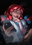  absurdres artist_name bangs bow dark freckles hair_bow highres holding holding_phone lips nail_polish ojou-sama_pose phone quvi red_hair smug solo striped thighs twitter watermark web_address wendy's wendy_(wendy's) 