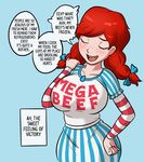  blue_background bow breasts closed_eyes clothes_writing collarbone english freckles hair_bow highres large_breasts mega_milk meme meme_attire open_mouth parody red_hair relatedguy simple_background solo speech_bubble wendy's wendy_(wendy's) 