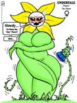  absurd_res anthro big_breasts blush breasts cleavage clothed clothing covering covering_breasts crossgender dialogue english_text female flower flowey_the_flower hi_res huge_breasts plant potion signature simple_background solo speech_bubble text undertale video_games walter_sache watermark white_background wide_hips 